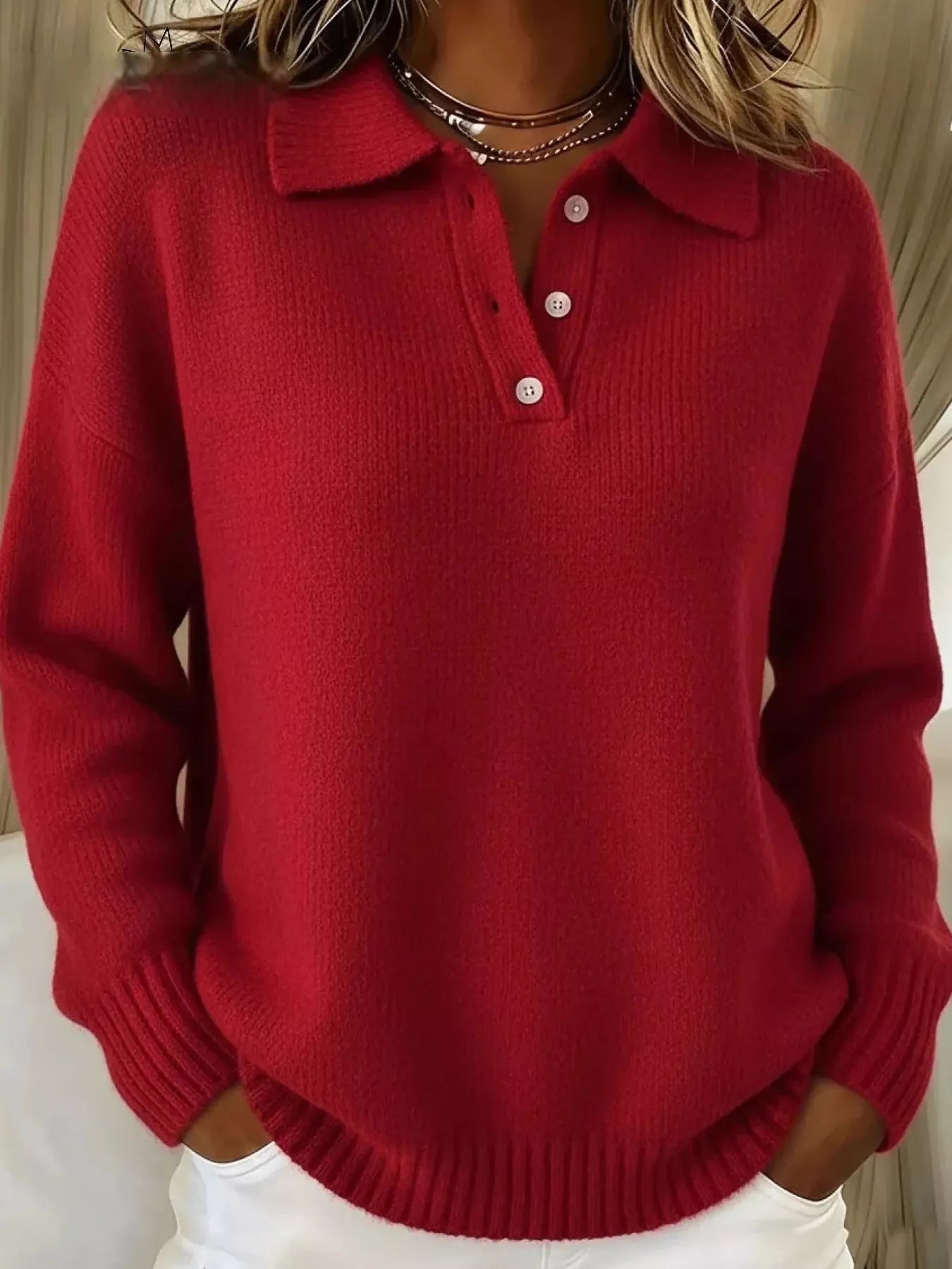 Sarah Express Women's Button Detail Drop Shoulder Sweater Plus Size Red