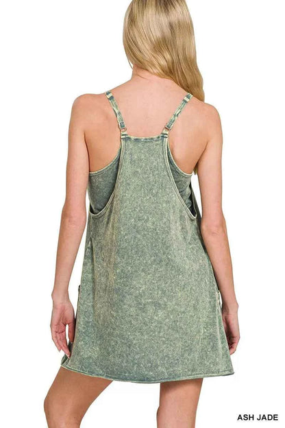 Sarah Express Women's Acid Wash Mini Dress with Built-In Romper Liner - Casual Pocketed Dress
