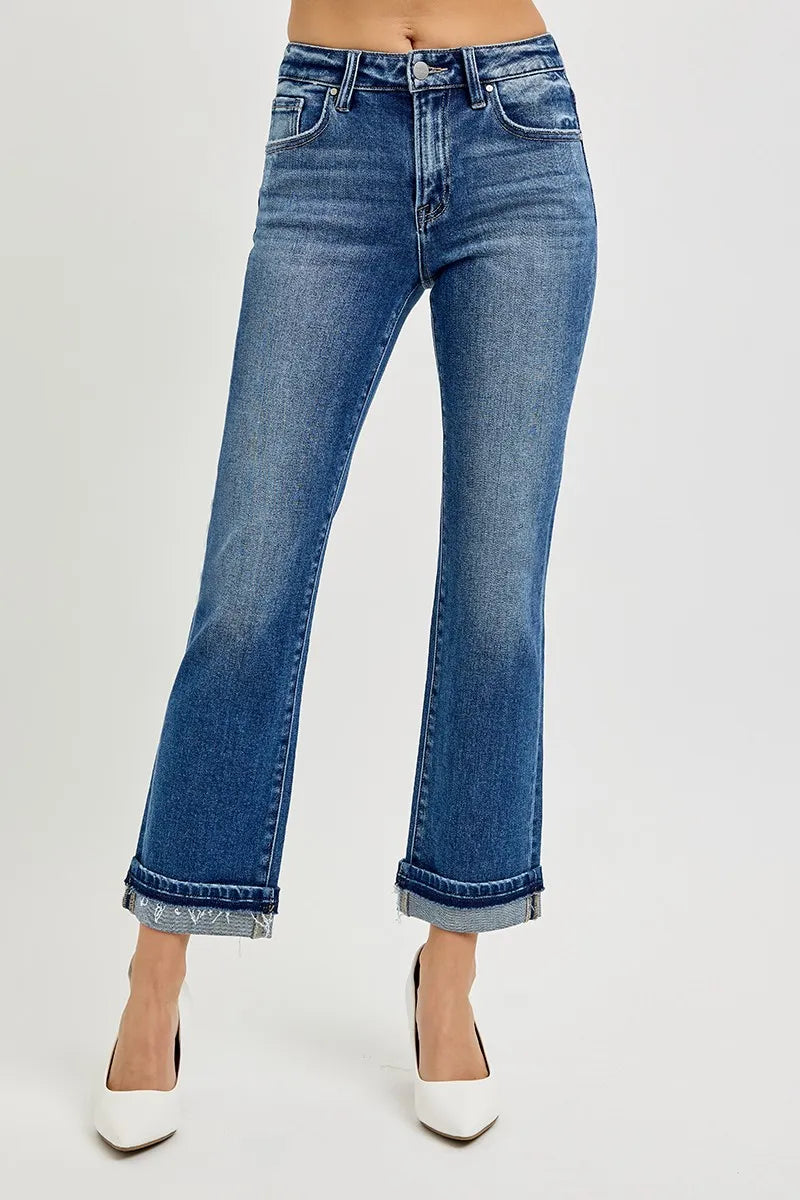 Sarah Express Women’s Mid Rise Cuffed Ankle Straight Jeans
