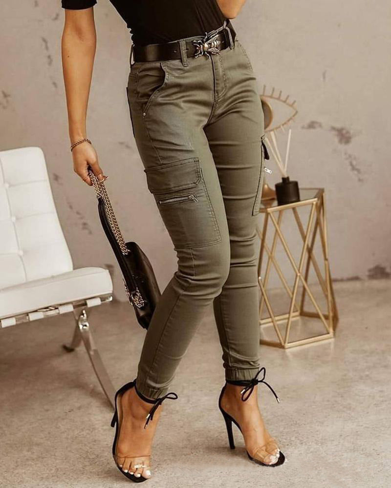 Sarah Express Women's Low Waist Cotton Blend Cargo Overalls Loose Fit Button Detail Trousers