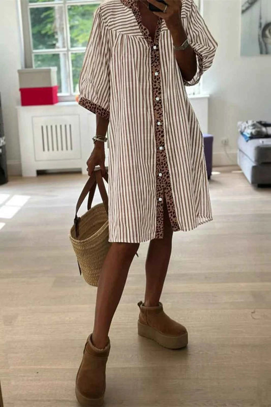 Sarah Express Women's Leopard Trim Stripe Shirt Dress - Button Front Bracelet Sleeve Casual Dress Stripe