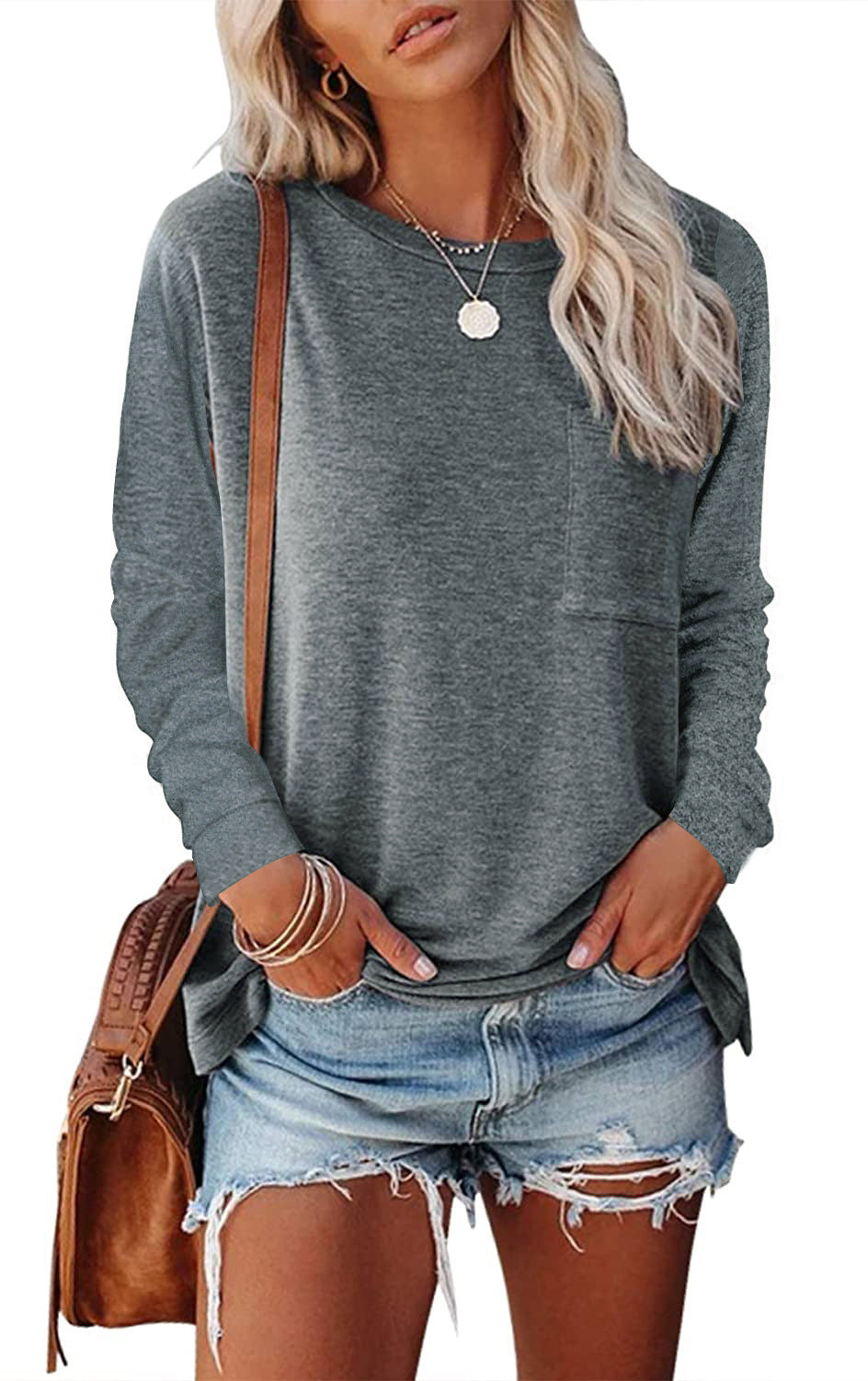 Sarah Express Women's Long Sleeve Pocket T-Shirt Split Hem Casual Cotton Blend Top