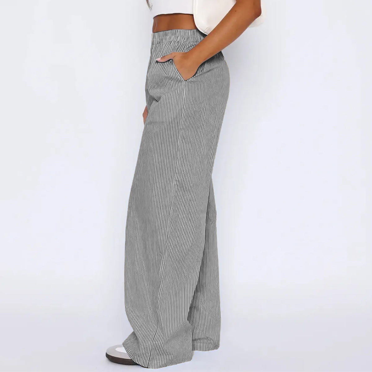 Sarah Express Women's Striped Wide Leg Pants - High Waist Straight Trousers with Pockets