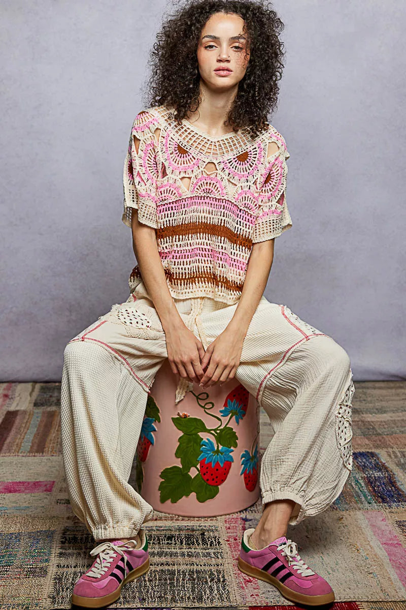 Sarah Express Women's Weave Pattern Short Sleeve Crochet Top with Border Accents