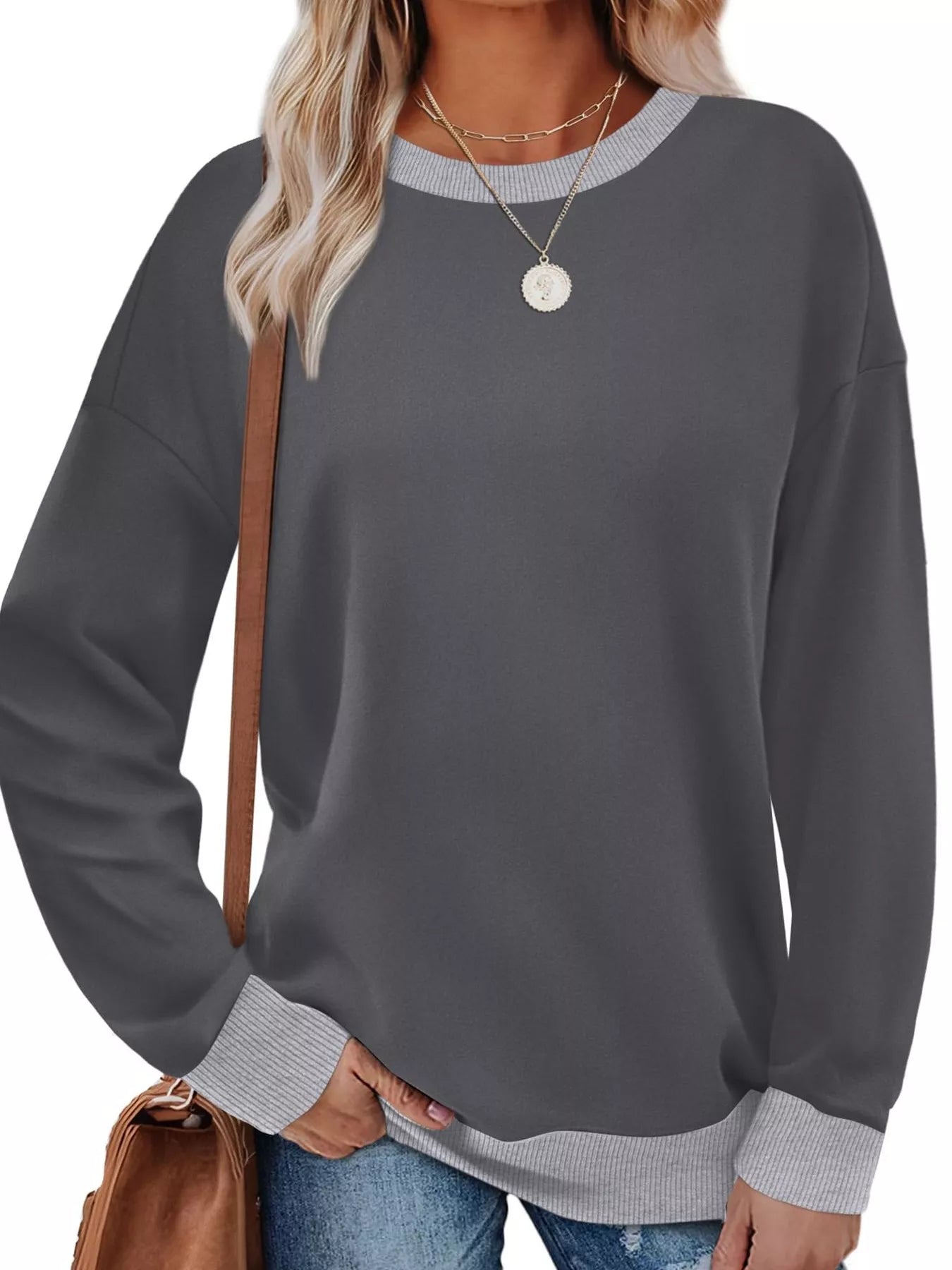 Sarah Express Women's Contrast Trim Crew Neck Casual Sweatshirt Grey