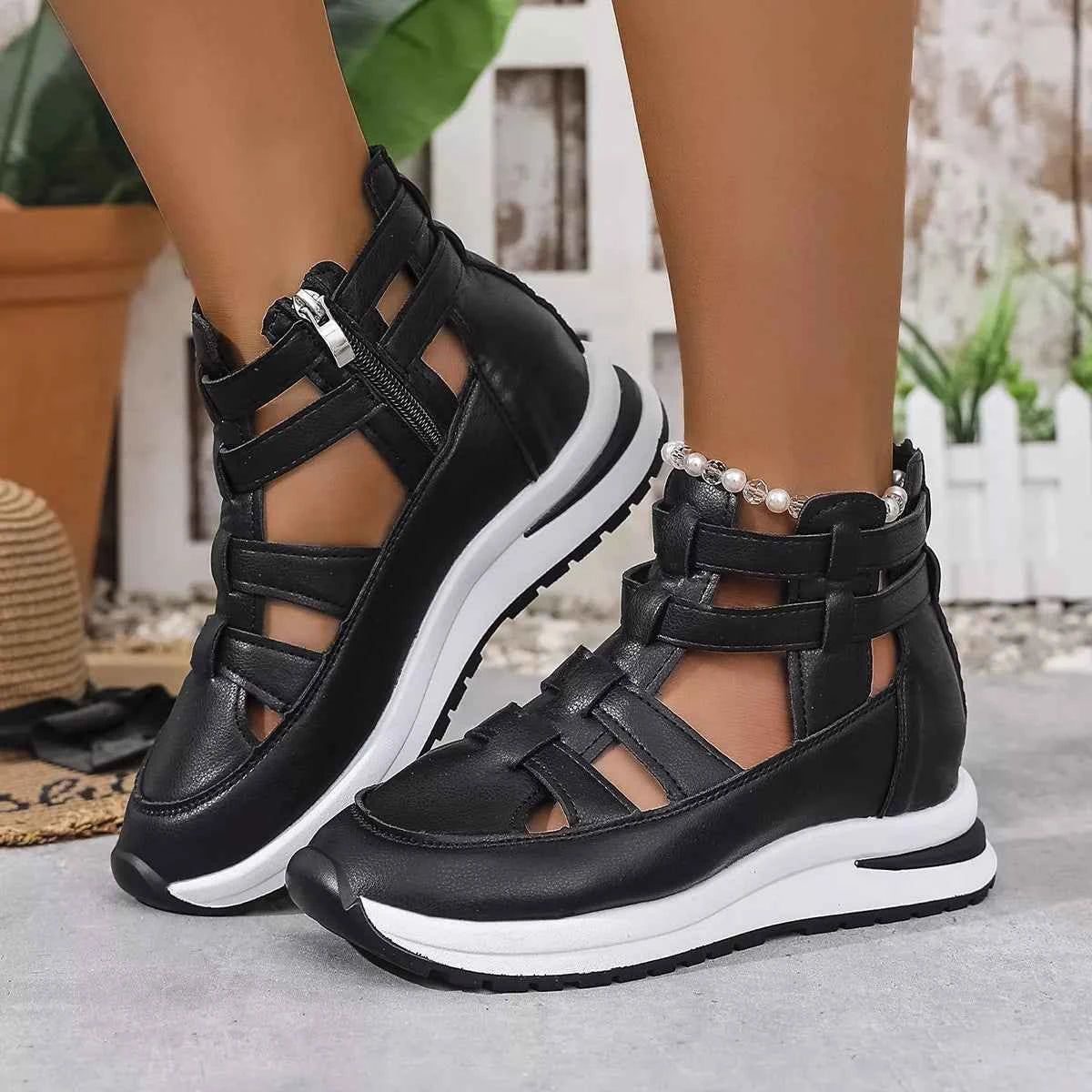 Sarah Express Women's Cutout Platform Sneakers - Trendy Low Heel PU Leather Shoes