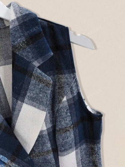 Sarah Express Women's Plaid Double-Breasted Sleeveless Blazer Dress