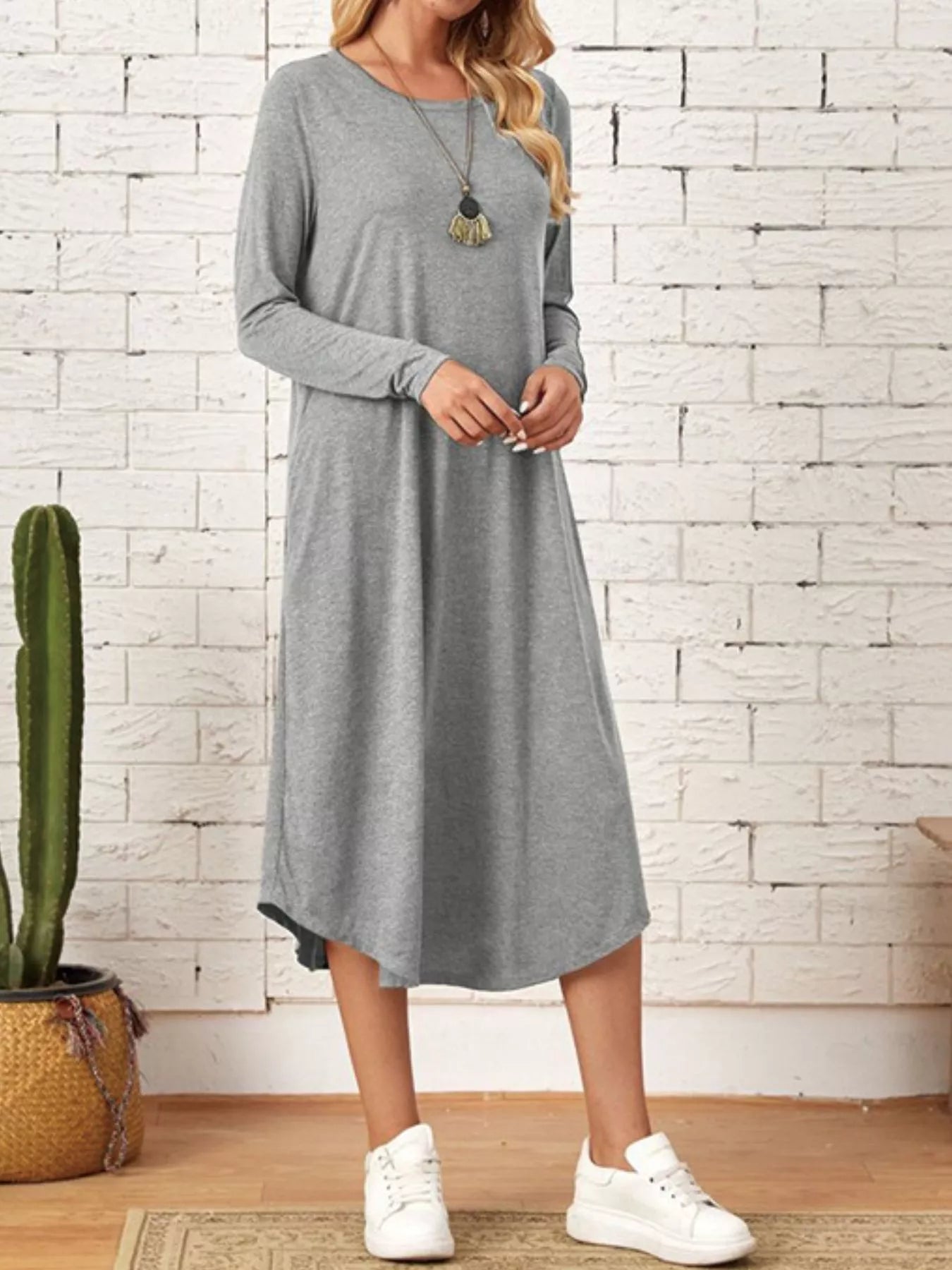Sarah Express Women's Casual Long Sleeve Pocket Midi Dress