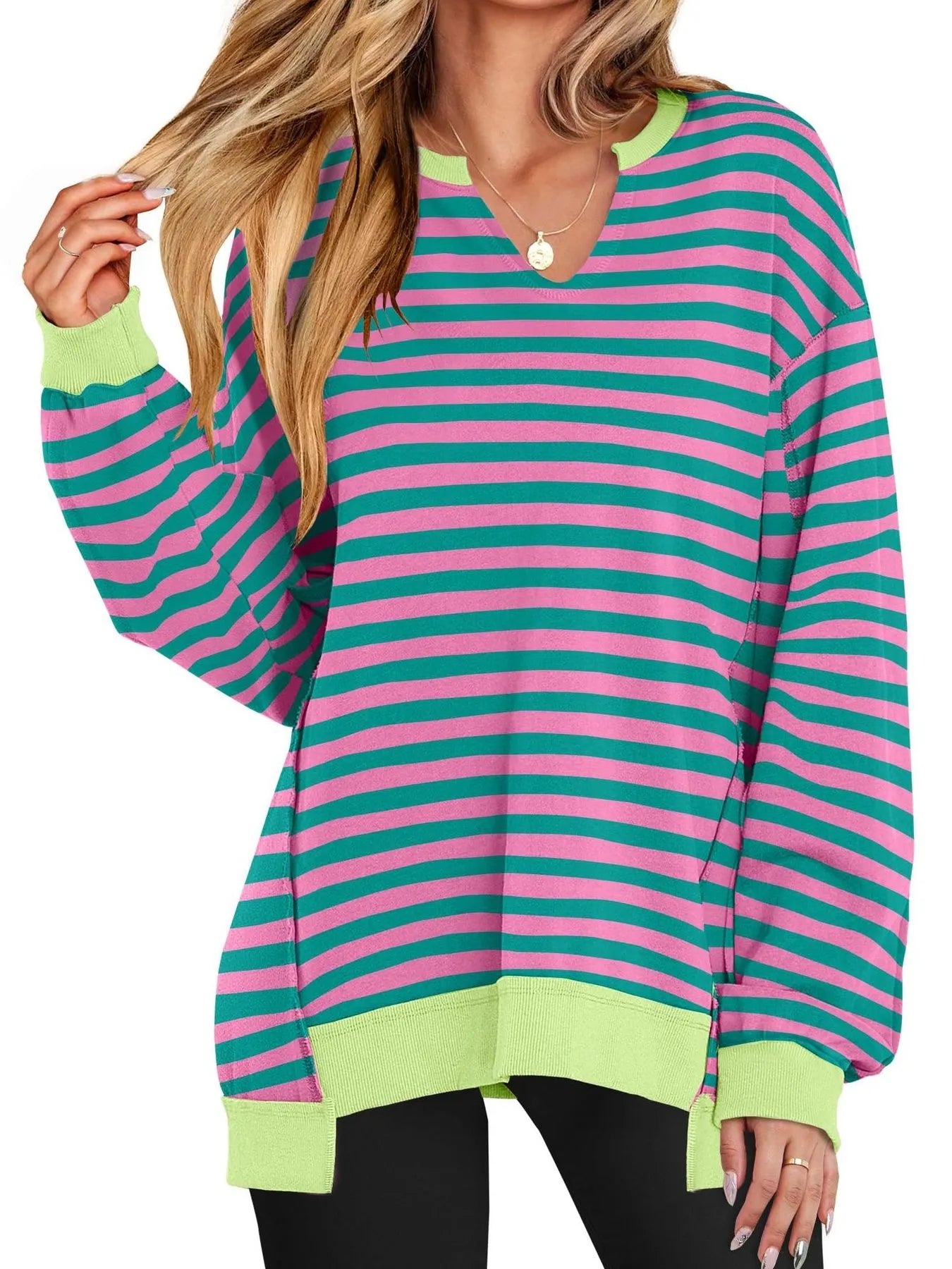 Sarah Express Women's Notched Long Sleeve Oversized Sweatshirt Rose Stripes