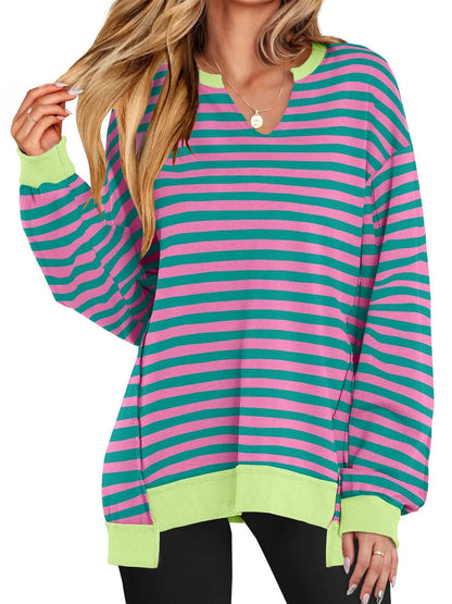 Sarah Express Women's Notched Long Sleeve Oversized Sweatshirt Rose Stripes