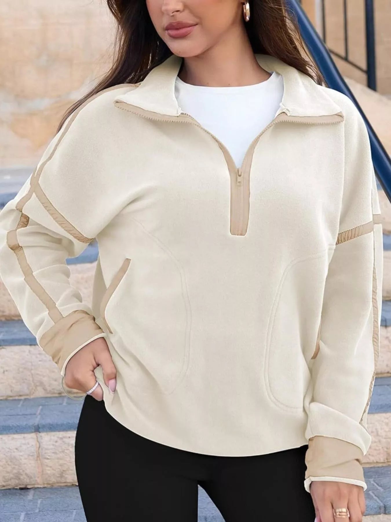 Sarah Express Women's Half Zip Dropped Shoulder Sweatshirt - Contrast Stitching with Pockets Apricot