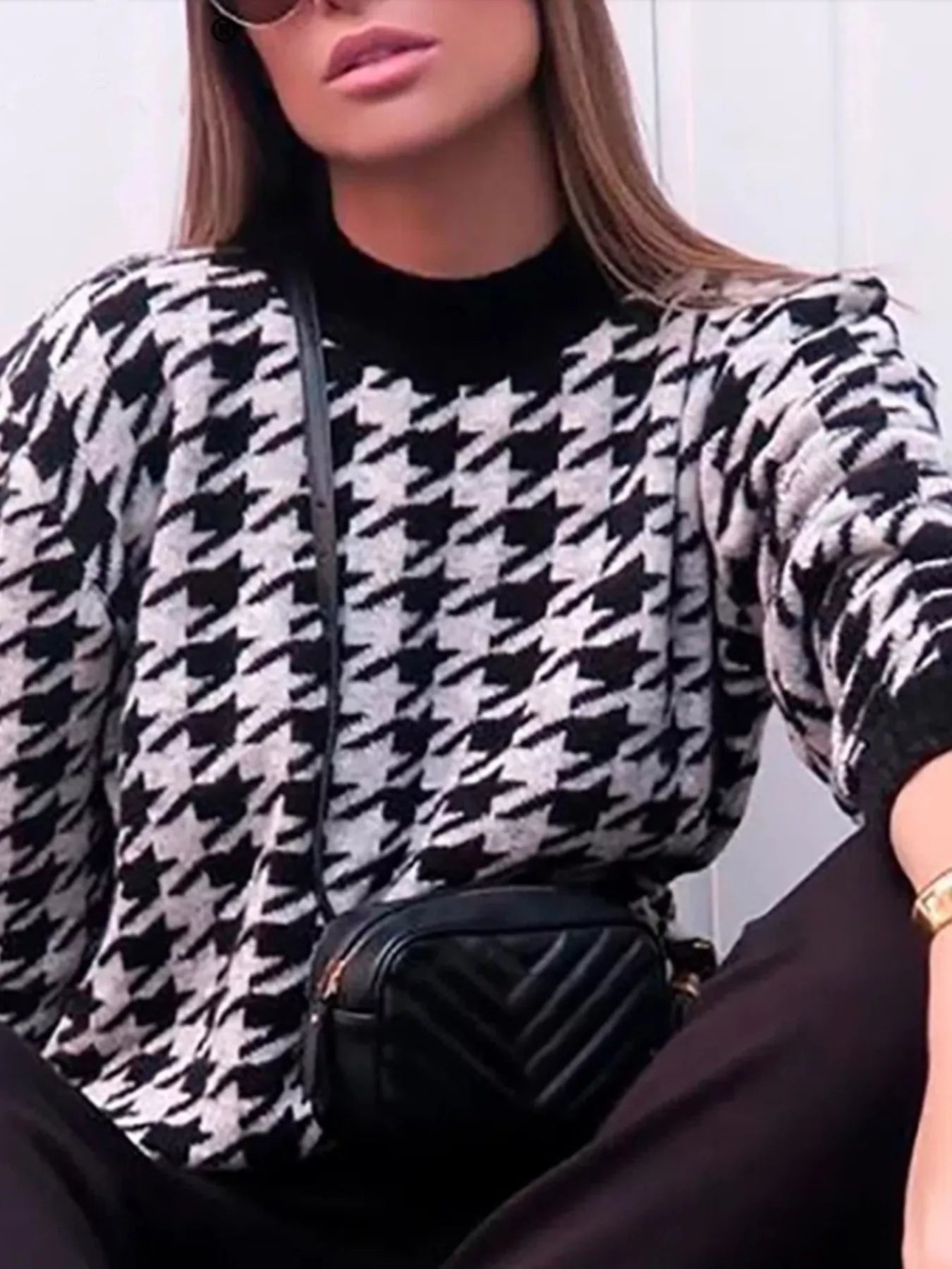 Sarah Express Women's Houndstooth Oversized Sweater Plus Size - Cozy Knit Pullover Black