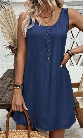 Sarah Express Women's Sleeveless Button-Up Dress Round Neck Knee Length