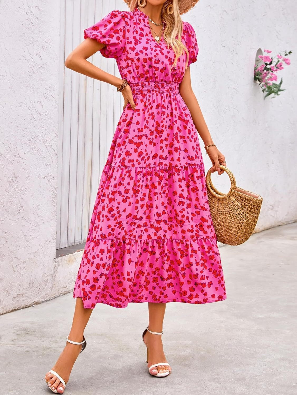 Sarah Express Floral V-Neck Bubble Pleated Maxi Dress Elastic Waist Short Sleeve