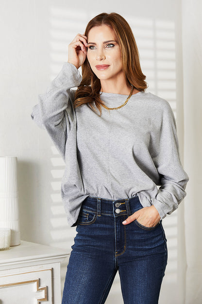 Sarah Express Women's Seam Detail Round Neck Long Sleeve Top Light Gray