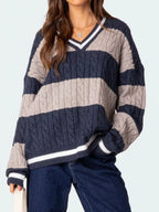 Sarah Express Women's Striped Cable Knit V-Neck Sweater - Oversized Fit