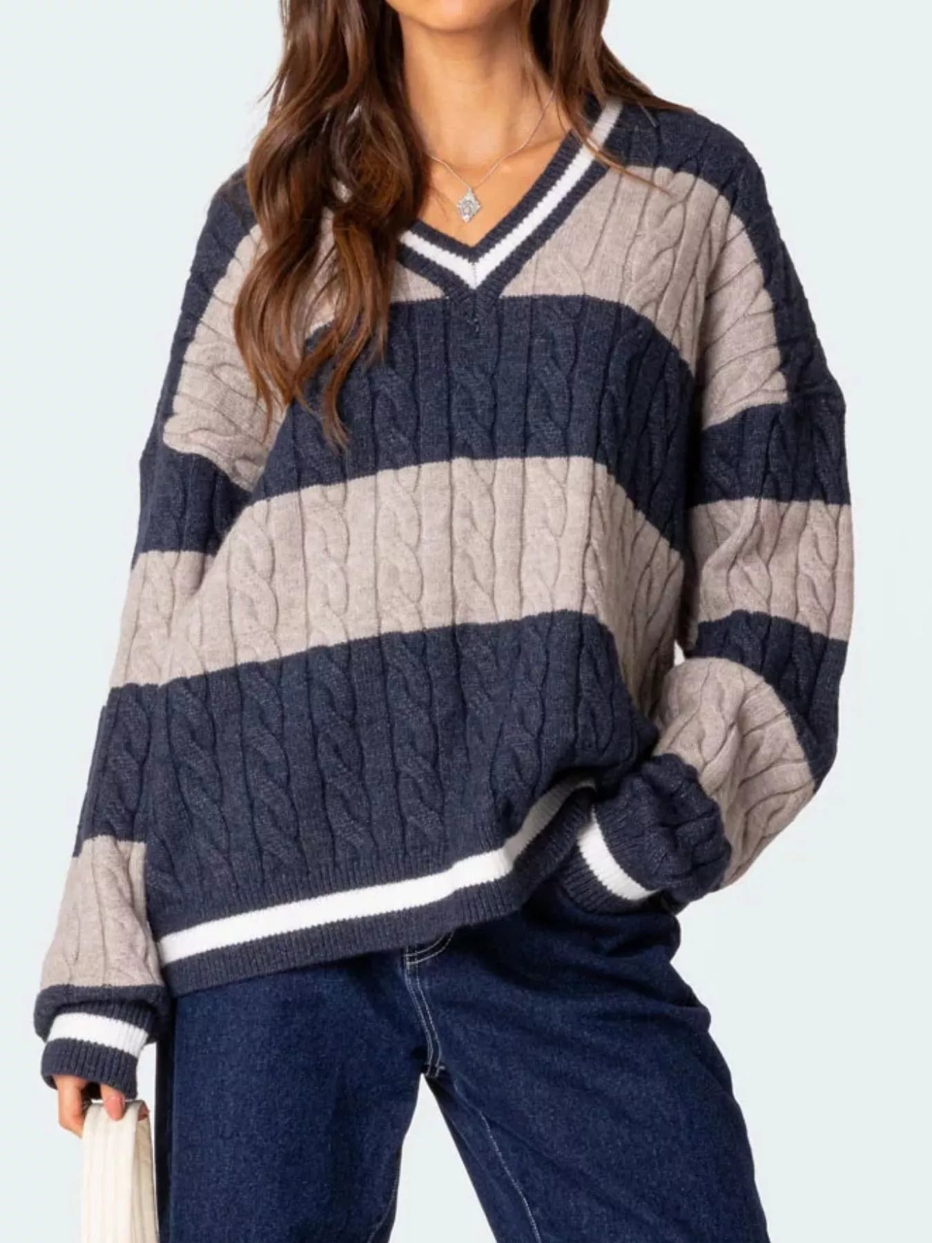 Sarah Express Women's Striped Cable Knit V-Neck Sweater - Oversized Fit