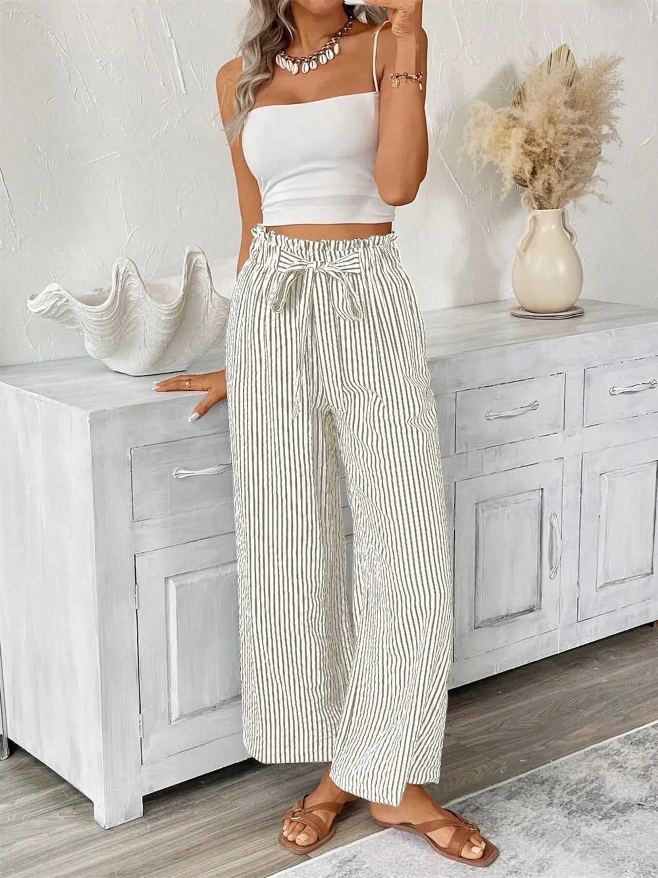 Sarah Express Women's Striped Wide Leg Paper Bag Pants Plus Size