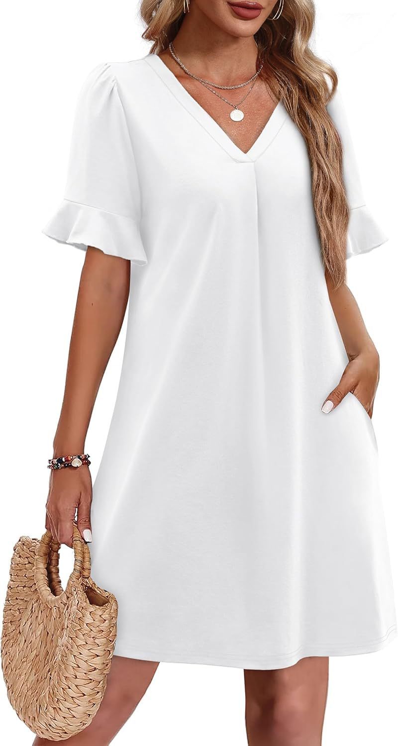 Sarah Express Women's V-Neck Ruffled A-Line Dress with Pockets Vacation Casual Short Sleeve