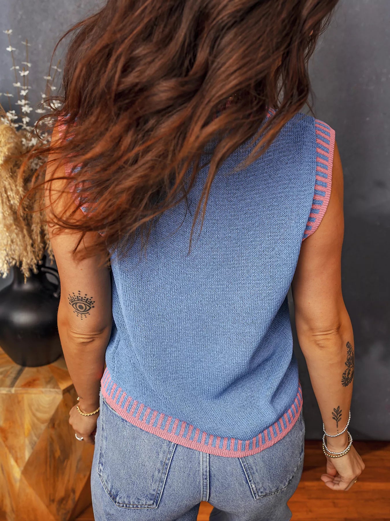 Sarah Express Women's Contrast Trim Round Neck Sweater Vest