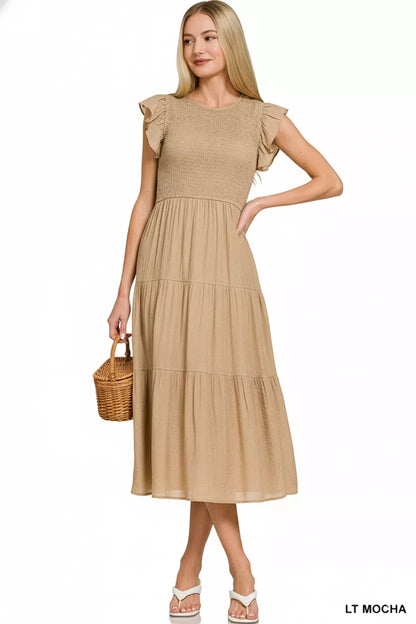 Sarah Express Women's Smocked Ruffle Sleeve Midi Dress - Woven Tiered Summer Dress