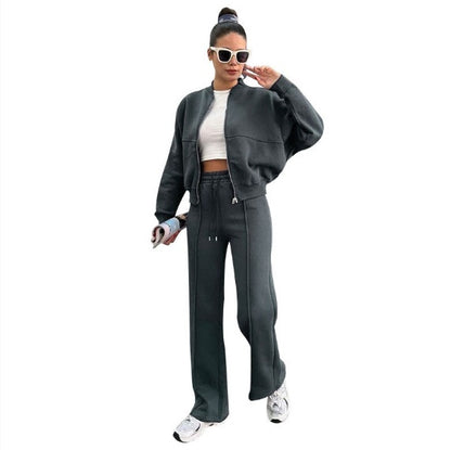 Sarah Express Women's Athleisure Tracksuit Set - Zipper Jacket & Wide Leg Pants Two Piece Outfit Gray