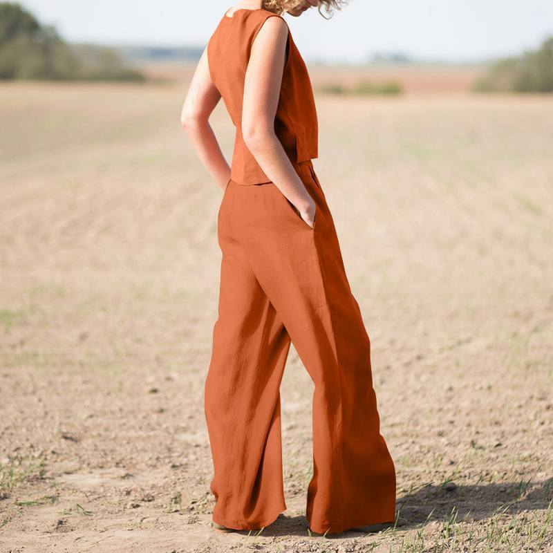 Sarah Express Cotton Linen Loose Two-Piece Set Top and Pants