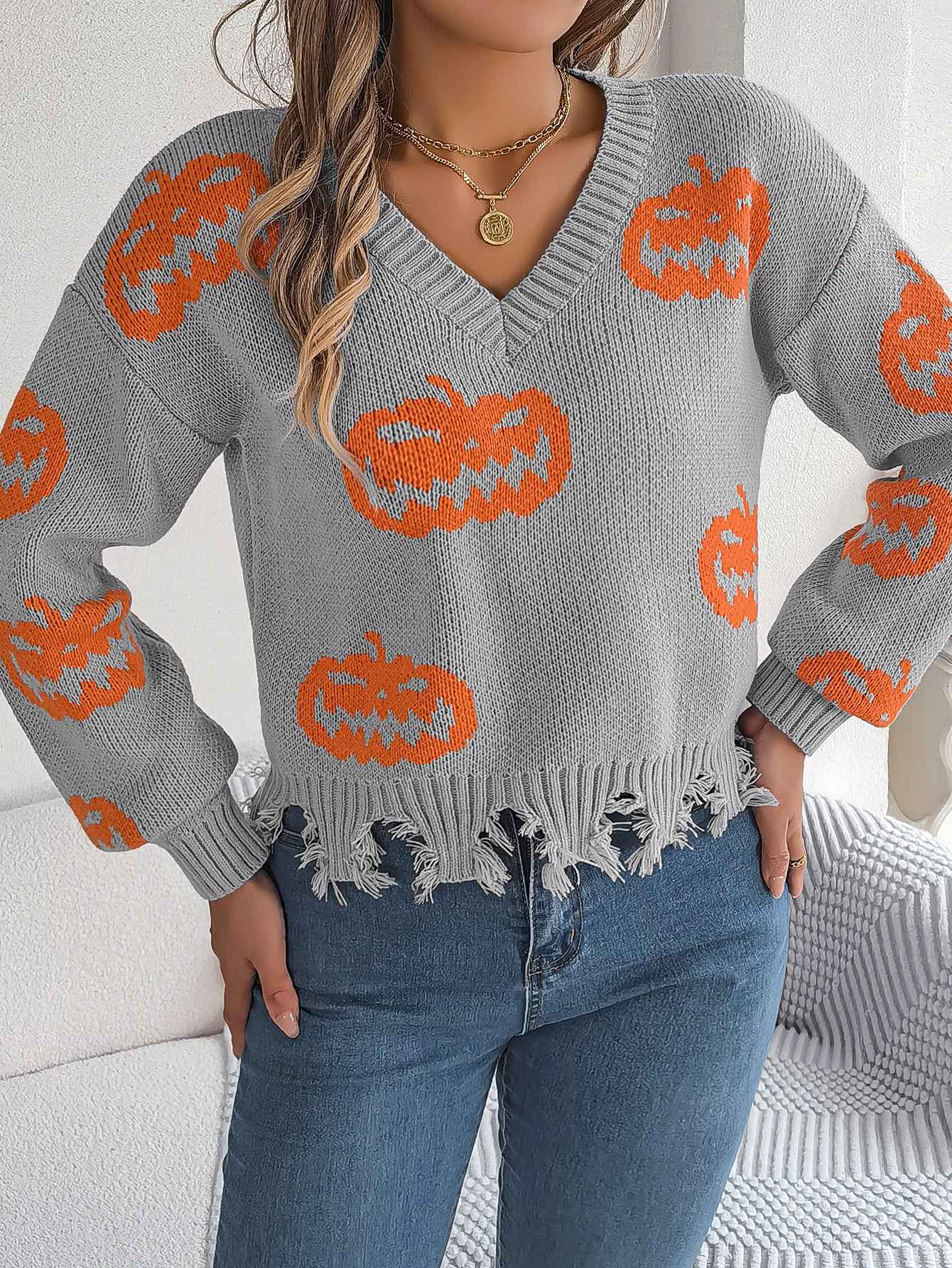 Sarah Express Women's Color Block Pumpkin Distressed Pullover Sweater Long Sleeve Knitwear Gray