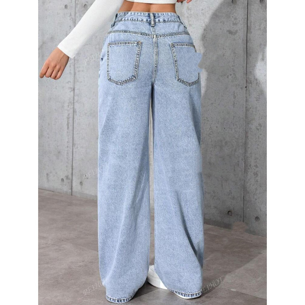 Sarah Express Women's High-Waist Straight Leg Jeans - Distressed Cotton Denim Loose Fit