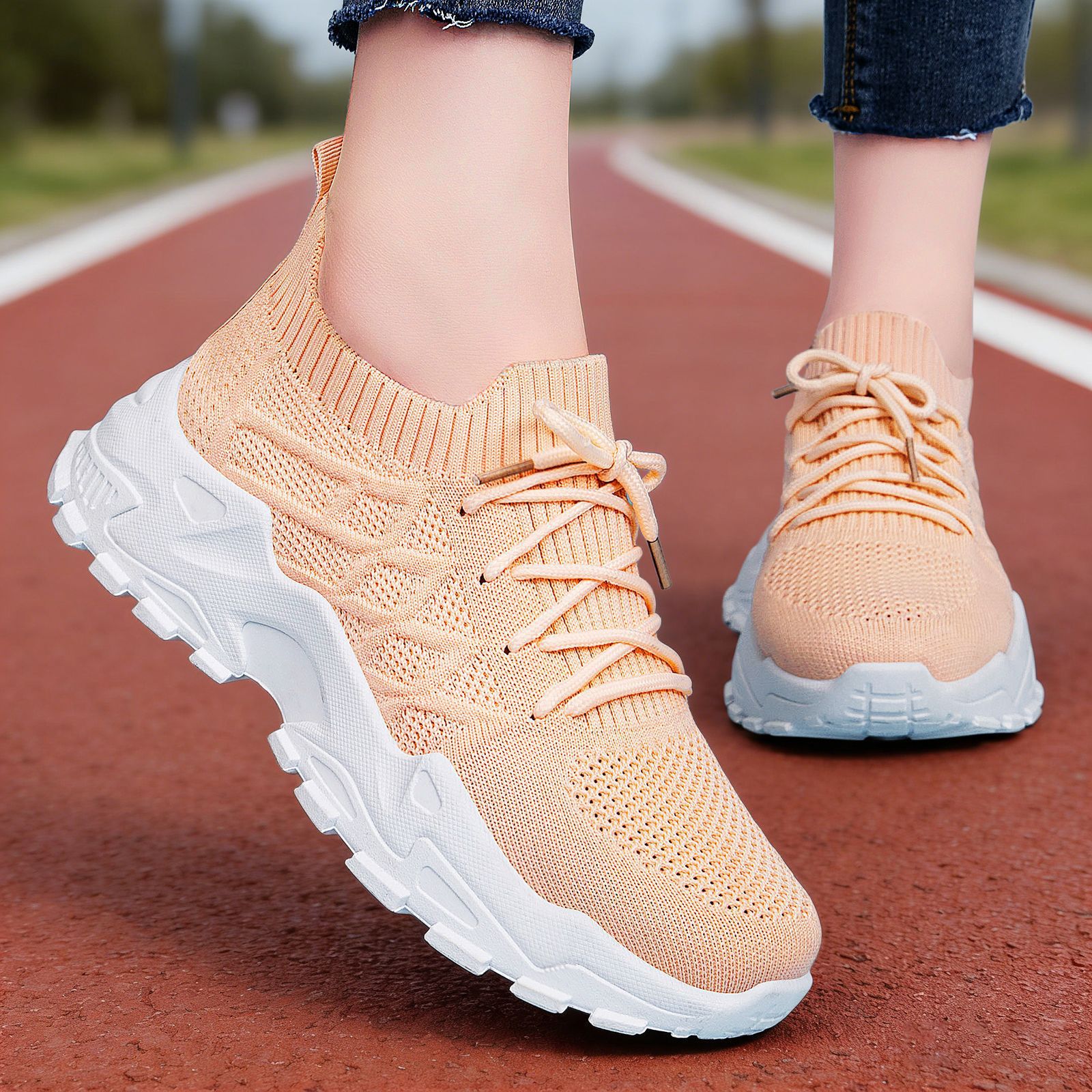 Sarah Express Women's Height Increasing Sneakers - Padded Comfort Dad Shoes with Mesh Lining Light Orange