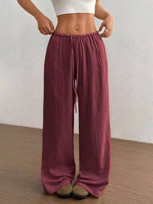 Sarah Express Women's Drawstring Wide Leg Pants Wine Red