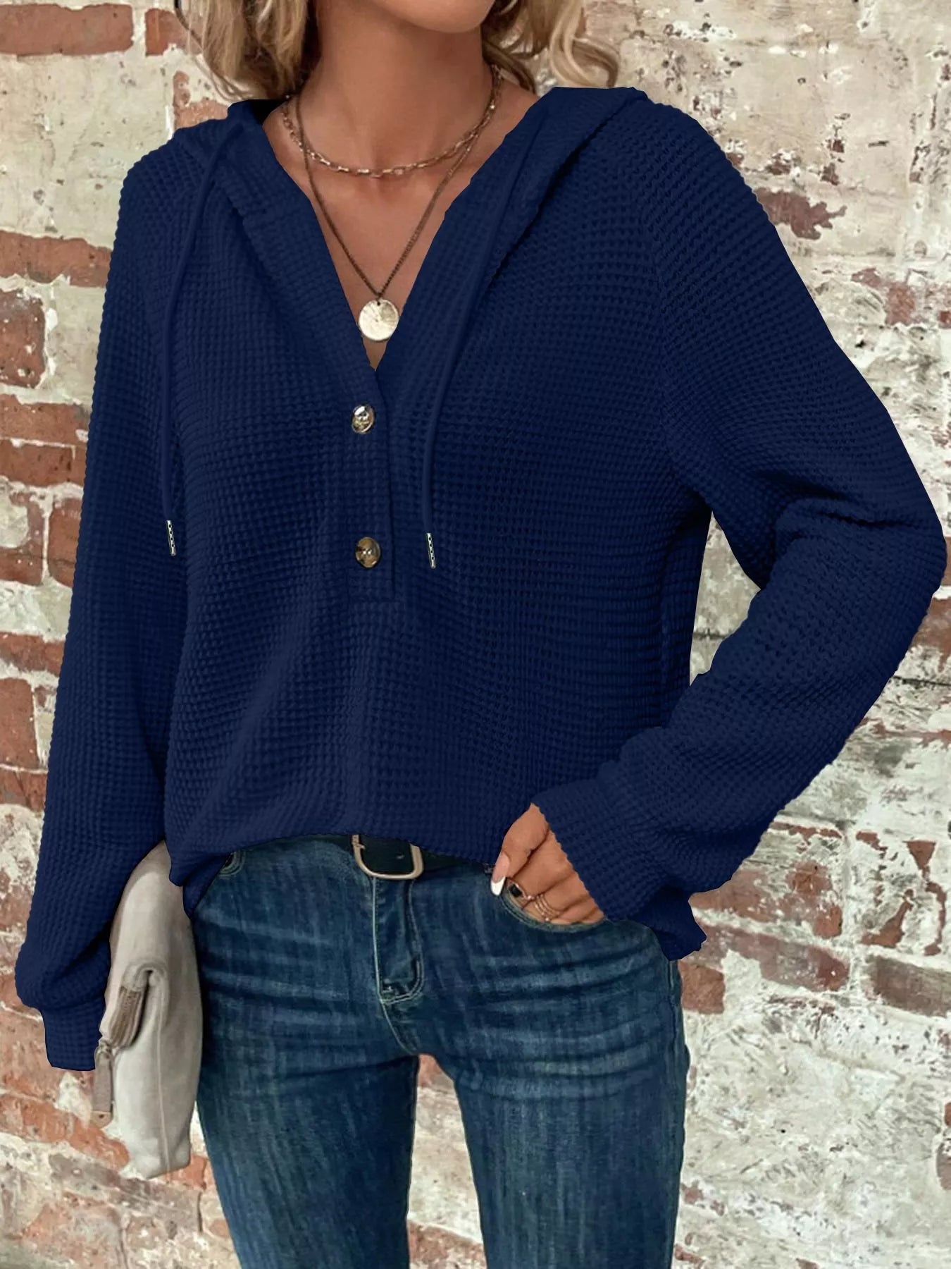 Sarah Express Women's Waffle Knit Button Detail Hoodie