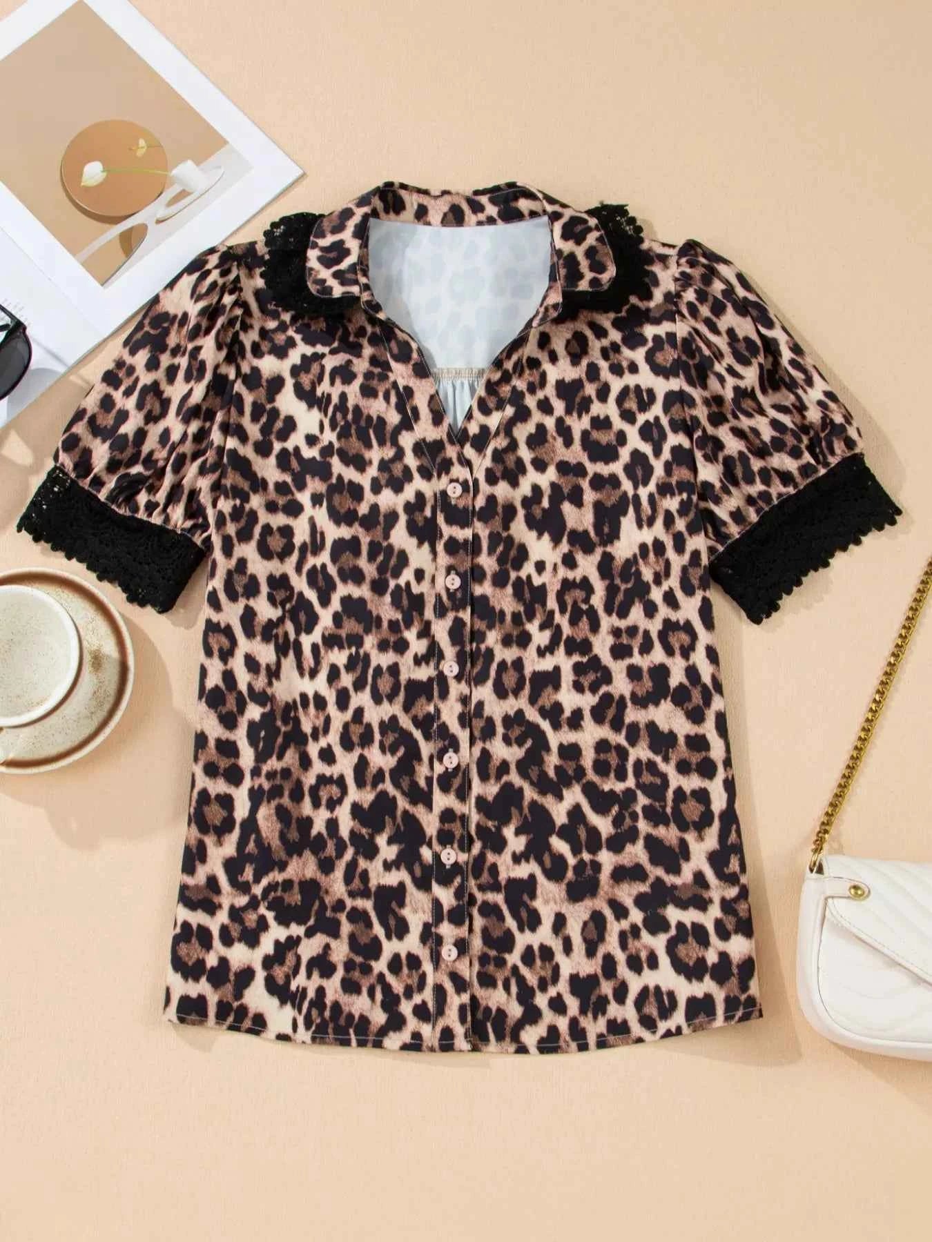 Sarah Express Women's Leopard Print Button Down Lace Trim Short Sleeve Shirt
