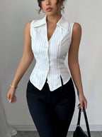 Sarah Express Striped Sleeveless Button-Down Blouse Slim Fit