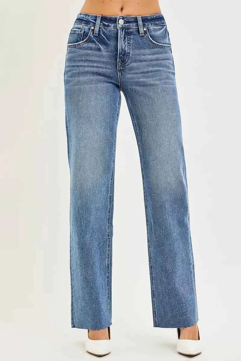 Sarah Express Women's Tummy Control Mid Rise Straight Leg Jeans - 4-Way Stretch Denim