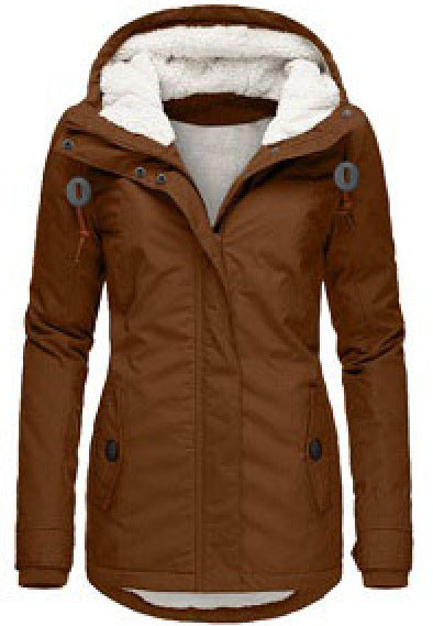 Sarah Express Women's Winter Hooded Fleece Jacket - Warm Buckle Zip-Up Coat with Pockets Brown Hat String Clip