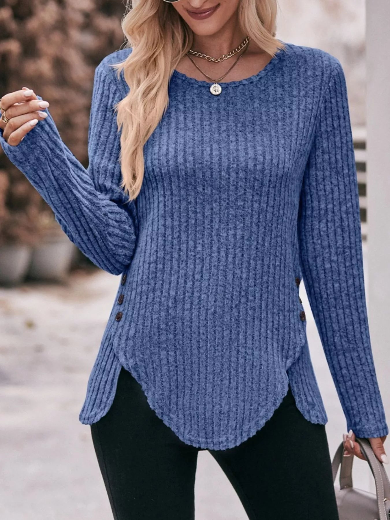 Sarah Express Women's Ribbed Knit Long Sleeve T-Shirt