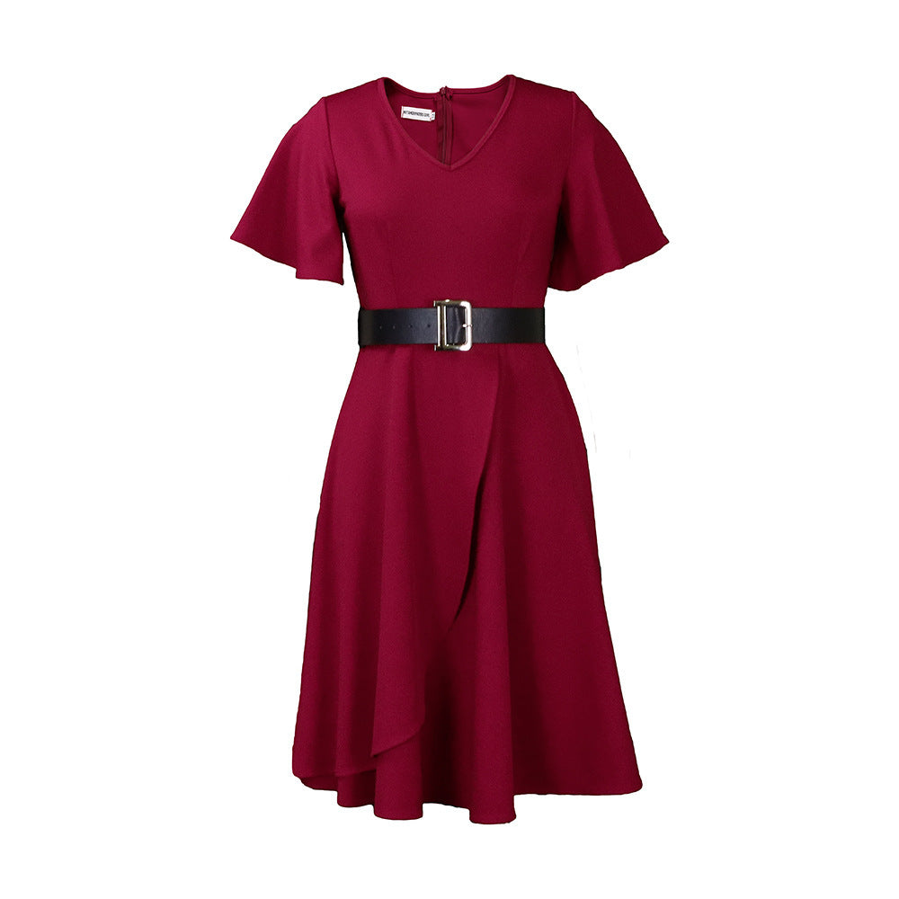 Sarah Express Women's Flared Sleeve Belted High Waist Mid-Length Dress Plus Size