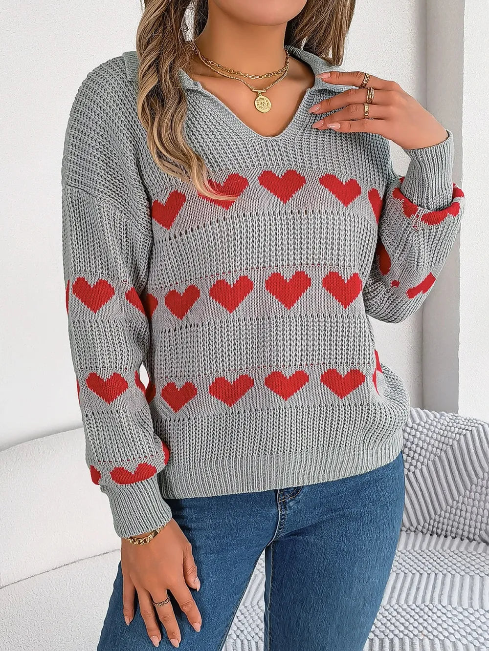 Sarah Express Women's Heart Johnny Collar Long Sleeve Sweater Gray