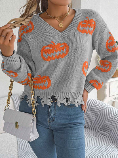 Sarah Express Women's Color Block Pumpkin Distressed Pullover Sweater Long Sleeve Knitwear