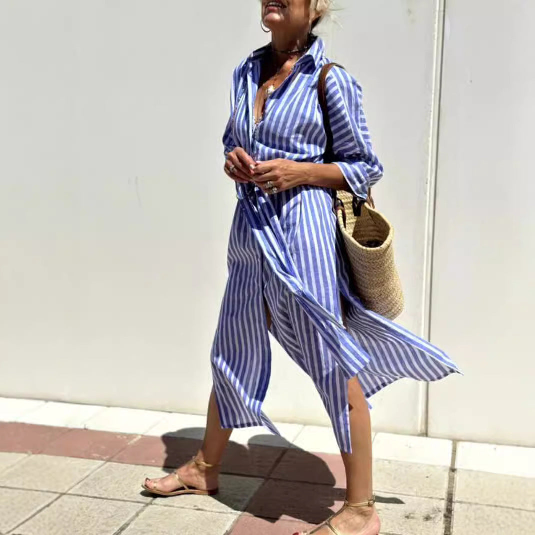 Sarah Express Women's Striped Shirt Dress Button Front Maxi with Belt