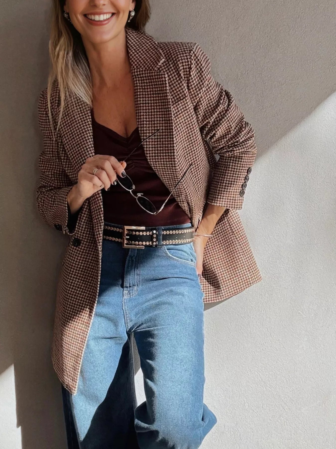 Sarah Express Women's Houndstooth Lapel Collar Blazer