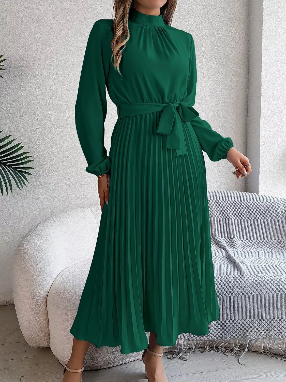 Sarah Express Women's Mock Neck Pleated Midi Dress - Elegant Tied Detail Dark Green