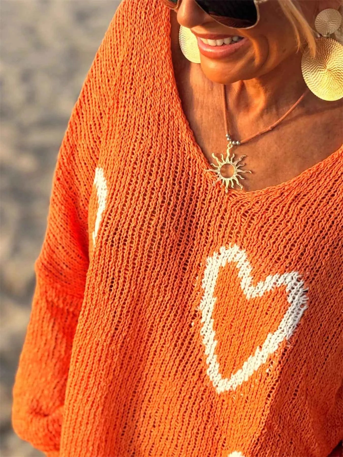 Sarah Express Women's Heart Pattern V-Neck Sweater Dropped Shoulder Openwork Knit