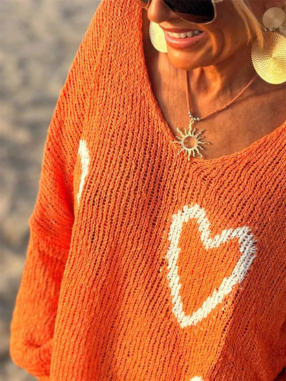 Sarah Express Women's Heart Pattern V-Neck Sweater Dropped Shoulder Openwork Knit