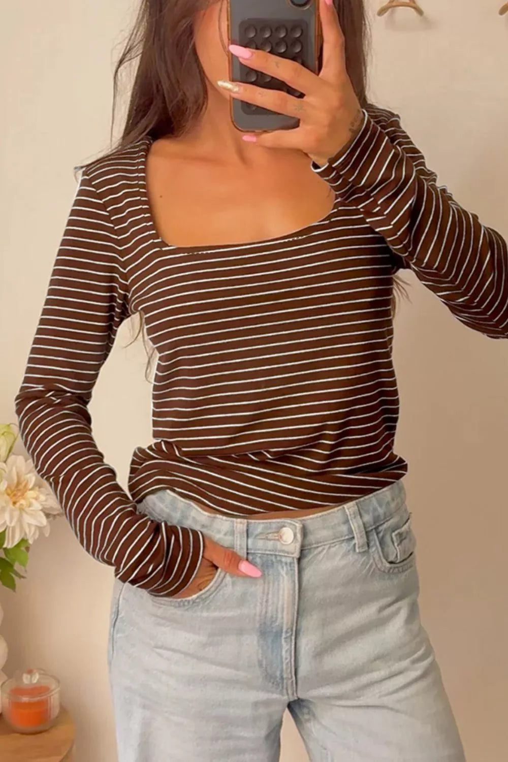 Sarah Express Women's Striped Square Neck Long Sleeve Top
