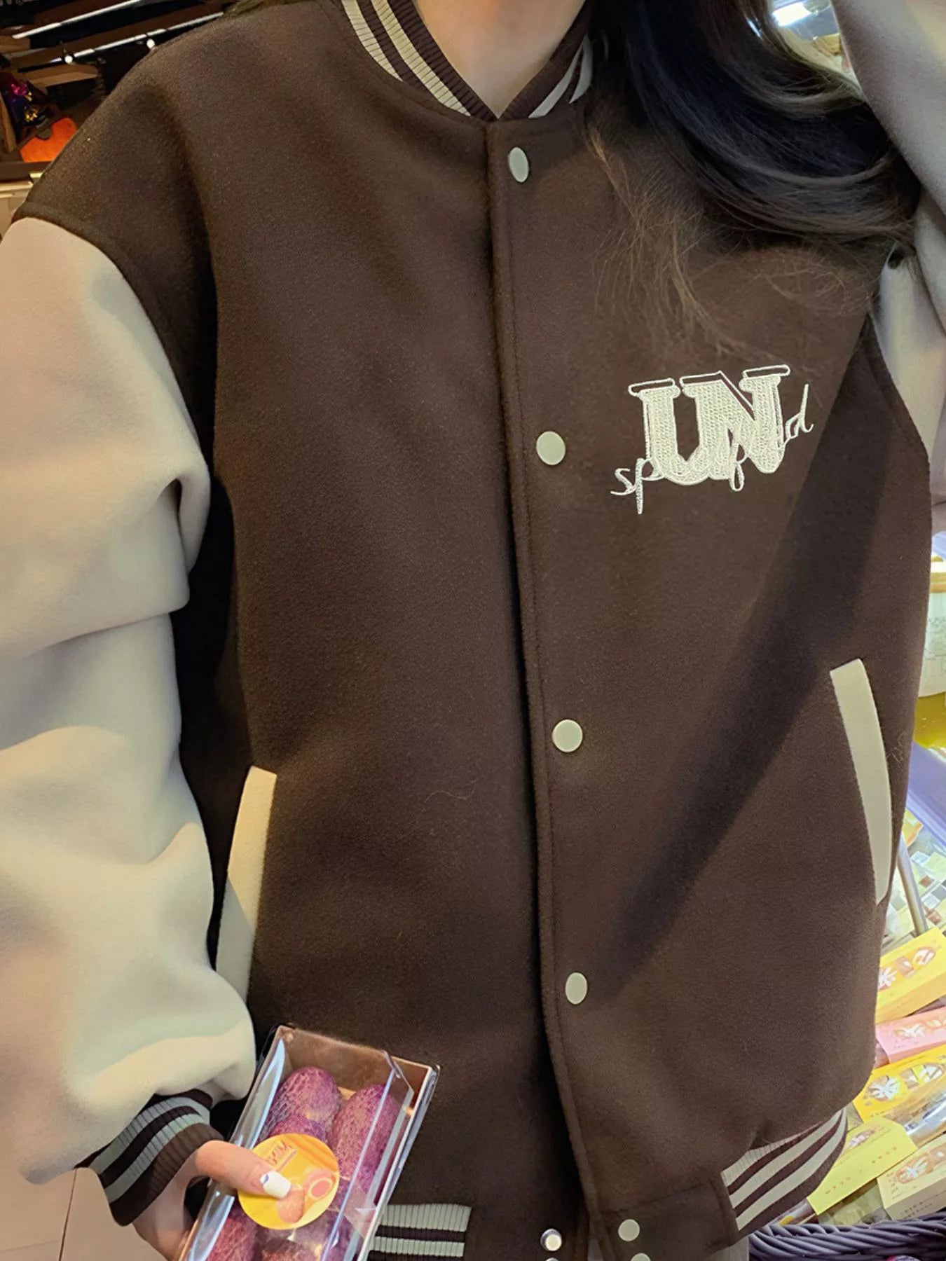 Sarah Express Women's Color Block Snap Down Baseball Jacket Brown One Size