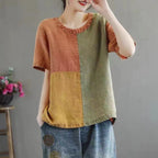 Sarah Express Women's Cotton Contrast Collar T-Shirt Loose Fit Short Sleeve Japanese Casual Style