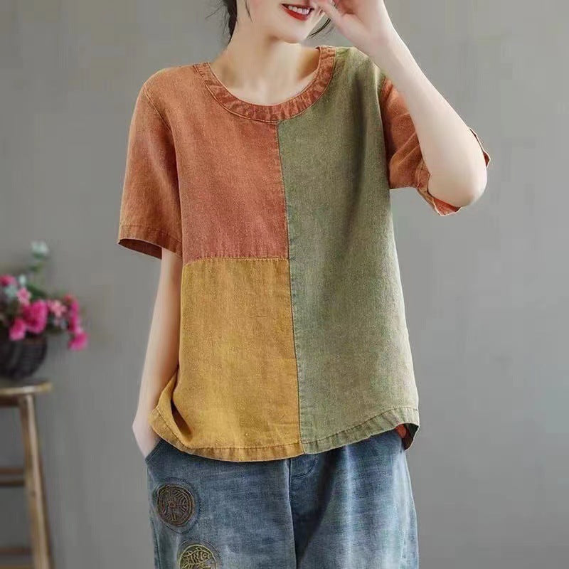 Sarah Express Women's Cotton Contrast Collar T-Shirt Loose Fit Short Sleeve Japanese Casual Style