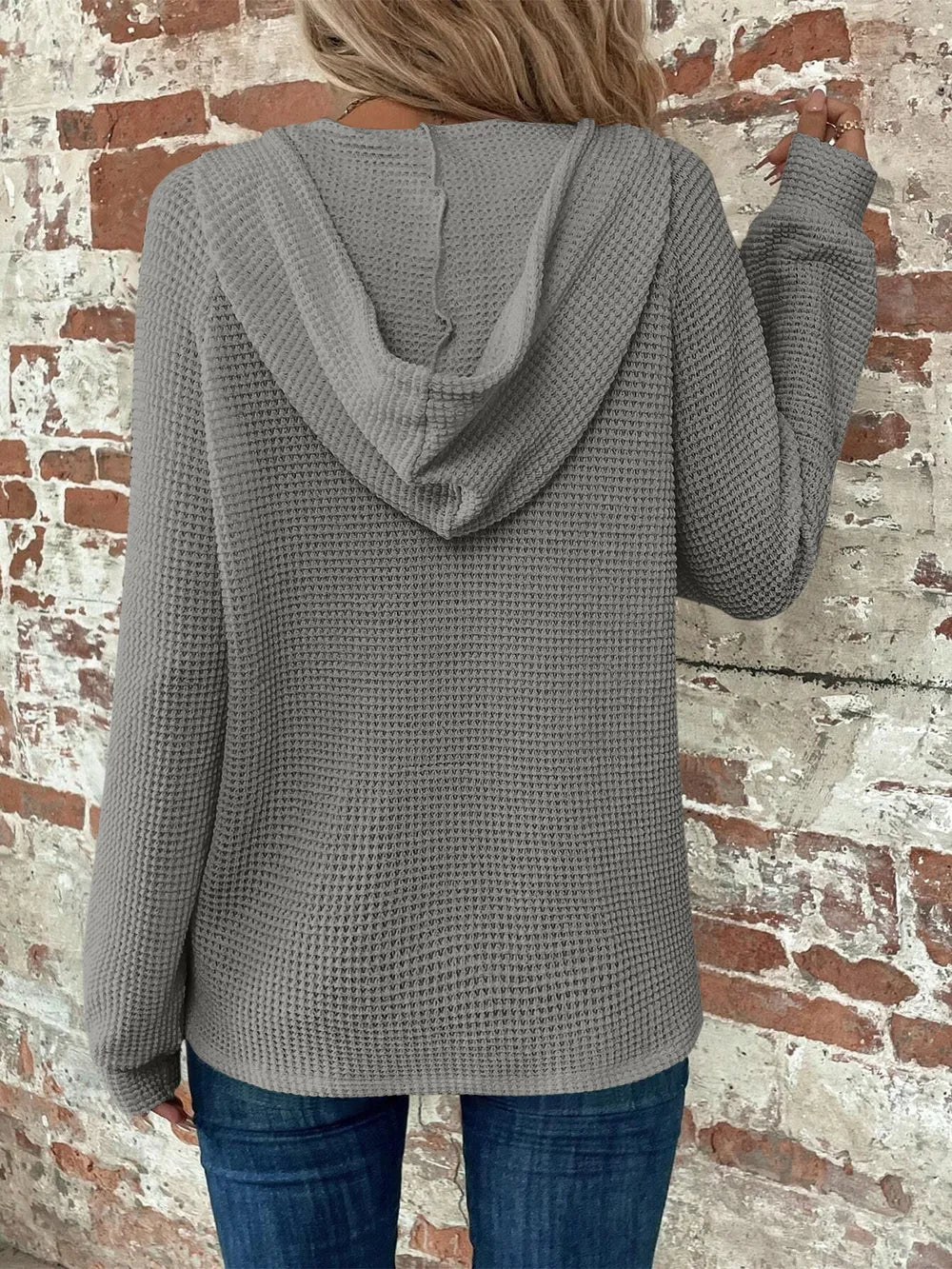 Sarah Express Women's Waffle Knit Long Sleeve Drawstring Hooded Top